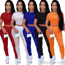 Designer Women Two Piece Pants Set Tracksuits Summer Sexy Holed Crew Neck Short Sleeve Crop Top And Leggings Sport Outfit
