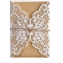 Greeting Cards 15pcs Elegant Laser Cut Bridal Favor Wedding Invitations Card Lace Pocket Greeting Customize Invites Card Printing Party Decor 230317