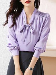 Women's Blouses Purple Bow Collar Blouse Lady Elegant Chiffon Women's Shirt Korean Fashion Casual Long Sleeve Tops Loose Office Clothing