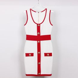 Casual Dresses Autumn And Winter 2023 Style Commuter V-Neck Red White Contrast Knitted Sleeveless Vest Foreign Versatile Dress