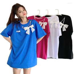 Women&#039;s T Shirts Summer Women Casual Solid T-Shirts O-Neck Patchwork Pearl Necklace Chain Bowknot Loose Tshirt Fashion Tee Top Daily