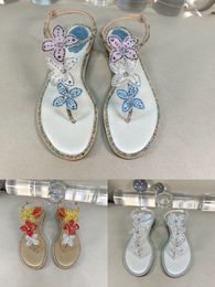 Summer women's leather flat flip-flops, Fashion Sandals, Foot Clamps, Lace Flowers, Rhinestones.size 34-43