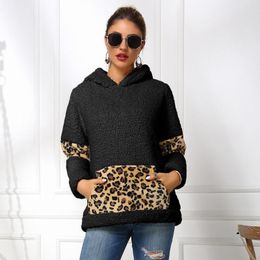 Women's Hoodies & Sweatshirts Leopard Patchwork Fluffy Fleece Sweatshirt Women Fashion Pocket Casual Oversized Hooded Hoodie Winter Pullover