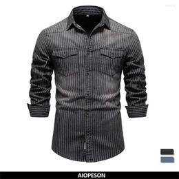 Men's Casual Shirts Striped Stretch Denim Long-sleeved High Quality Male Jeans Shirt Autumn Slim Cotton For Men