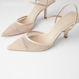 Sandals 2023 Fine Heel Pointed Toe Mesh Slingback For Women Party Shoes Elegant Pumps