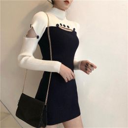 Casual Dresses Korean Chic Designer Knitted Bodycon Dress Women Patchwork Mini Sweater Underwear Bottom Robe Femme