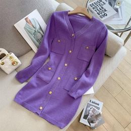 Casual Dresses Korean Designer Purple Knitted Sweater Dress 2023 Autumn Winter Women V Neck Single Breasted Pockets A Line Vestidos Ladies