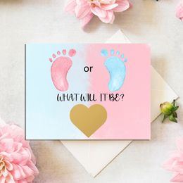 Greeting Cards Gender Reveal He or She Blue or Pink Scratch Offs With Envelopes He or She Gender Reveal Party Scratch Off Card Baby Shower Game 230317