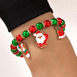 Charm Bracelets Fashion Red Green Beaded For Women Enamel Oil Santa Claus Bell Wand Pendant Charms Bracelet Bangles Christmas Jewelry