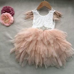 Girl's Dresses Princess Baby Feather Dress 1st Birthday Party Toddler Girls Lace Flying Sleeve Summer Dress Kids Tutu Clothing with Sashes