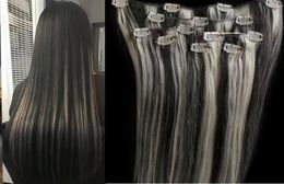 Silver grey human hair seamless blonde highlight piano gray color clip in hair extension raw virgin 120g/set silky straight new trend