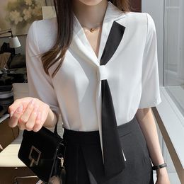 Women's Blouses 2023 Summer Elegant Women Shirts Fashion Stitching Korean Lady Tops Office Wear Shirt Short Sleeve White Chiffon Blusas