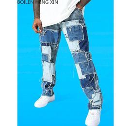 Men's Jeans 2023 Men Slim Patchwork Colour Lump Skinny Cacual Designer Black Blue Straight Long Pants Moto & Biker Streetwear S-3XL