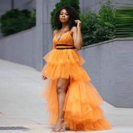 Party Dresses Orange High Low Prom Dress Black Girls Tullle Birthday For Poshoot Tiered Tulle Robe Homecoming Gowns Sexy StrapsParty