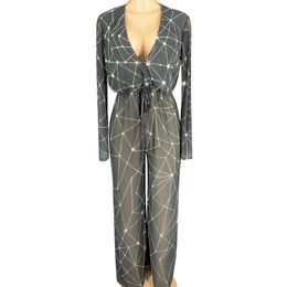 Women's Jumpsuits & Rompers Fashion Women Geometric Print Deep V Perspective Jumpsuit Female Long Sleeve See Through Loose Party Club Sexy C