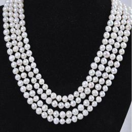 Chains Hand Knotted Necklace Natural 7-8mm White Freshwater Pearl 4 Rows Choker 18-21inchChains