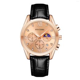 Wristwatches High Quality Men Rose Gold Watch Stainless Steel Moon Phase All Dial Work Chrono Function Stopwatch Leather Luminous Waterproof