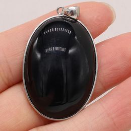 Pendant Necklaces Natural Stone Gem Black Agate Edging Egg-shaped Handmade Crafts Making DIY Necklace Jewelry Accessories 25x35mmPendant