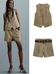 Womens Two Piece Pants Zach AiIsa Summer Versatile Sleeveless VNeck Linen Vest Belted Blend Casual Shorts 230317