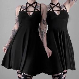Casual Dresses Arrival Pentagram Strap Gothic Dress Women Punk Grunge Slim Sexy Pareos 2023 A-Line Dark Sleeveless Summer