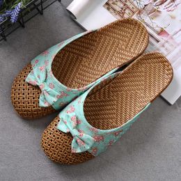 Slippers Women Flax Slippers 2023 Casual Slides Floral Bow Linen Casual Indoor Shoes Woman Summer Sandals Zapatillas De Mujer Z0317