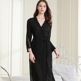 Women's Sleepwear Robe Women Black Lace Edge Nightgown V Neck Sexy Sleep Dress Ice Silk Nightdress Home Clothing Long Sleeves Kimono