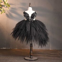 Girl's Dresses Black Flower Tulle Girl Dress Swan Crystal Tulle Princess Pageant Wedding Clothes Kids Birthday Party Dress Evening Ball Gown