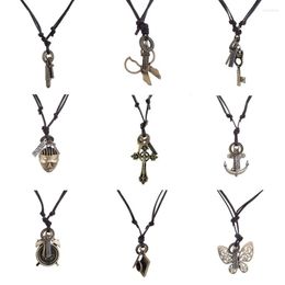 Choker Vintage Key Scissors Cross Geometric Butterfly Pendant Necklace Women Men Leather Chain Handmade Party Jewellery