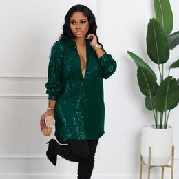 Women's Blouses M-5XL Women Spring Sequin Shirt Plus Size Loose Long Sleeves Shiny Turn-down Collar Cardigan Single-breasted Female Blouse