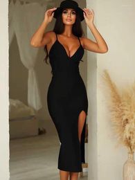 Casual Dresses Women Summer Sexy V-Neck Tank Off Shoulder Backless Split Camisole Street Party Evening Mid-Calf Dress White Black