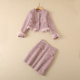 Spring Tweed Feather Two Piece Dress Long Sleeve Round Neck Pink Contrast Colour Tweed Single-Breasted Coat & Panelled Short Skirt Suits Set 22G26T XXL