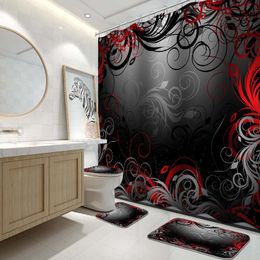 Shower Curtains 4 Pcs Curtain Set Black Red Gold Floral With Non-Slip Rugs Toilet Lid Cover And Bath Mat Bathroom Decor 72" X