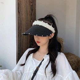 Wide Brim Hats Women Pearl Empty Top Straw Hat For Casual Summer Beach Visor Caps Large Sun Protection Outdoor Sports Cap Zomer HatsWide