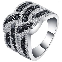 Wedding Rings Large White & Black Zircon Stone X Letter Jewellery Silver Colour Vintage CZ Pave Bands Finger Ring Women Punk Design
