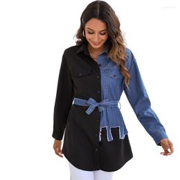 Women's Blouses & Shirts Jeans Shirt Women 2023 Long Sleeve Casual Vintage Patchwork Belt Ladies Denim Tops Blusas Feminina Woman And