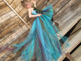 Girl's Dresses Girls Peacock Feather Trailing Tutu Dress Kids Crochet Flower Tulle Dress Ball Gown Children Evening Party Banquet Come Dress