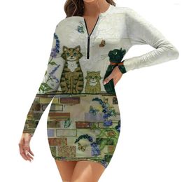 Casual Dresses Long Sleeve Dress Butterfly Flower Full Print Trend A-line Skirt 2023 Slim Zipper All-match Short