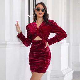 Casual Dresses Long Sleeve High Waist Bodycon Mini Dress For Women V Neck Slim Elegant Red Party Ladies Solid Basic Skinny DressCasual