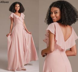 Blush Pink A Line Chiffon Bridesmaid Dresses With Short Sleeves V Neck Ruffles Elegant Maid Of Honour Gowns Sexy Backless Young Girl Wedding Guest Party Dress CL2034