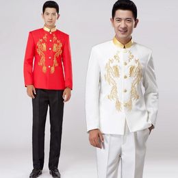Men's Suits White Red Stand Collar Embroidery Chinese Tunic Suit Set Men Latest Coat Pant Designs Mens With Pants Wedding Groom