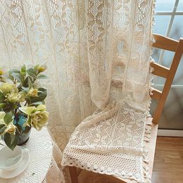 Curtain Beige Retro Vintage Cotton Hollow Leaves Crochet Bedroom Curtains With Side Tassels Voile Tulle For Living Room Drape#4