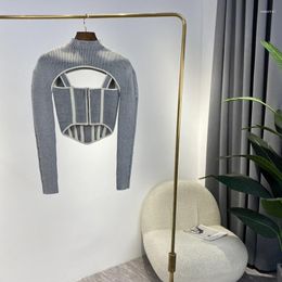 Women's Sweaters 2023 Spring Original Grey Designer Fashion Style Sexy Clavicle Cut Out Long Sleeve Knitted With Zippers