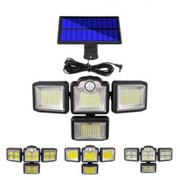 PIR LED Solar Lights, wall lamp 4 Heads Security Light, 6000k cold white 2400LM Motion Sensor Lights with Remote Control, IP65 outdoor, 270° Wall Light 3 Modes garage door