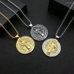 Pendant Necklaces St Benedict Exorcism Double-Sided Round Necklace For Men Stainless Steel Vintage Jewelry