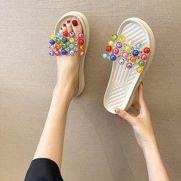 Sandals 2023 Fashion Summer Women's Pearl One-Word Muffin Bottom Mid Heel Slippers Selling Women Shoes
