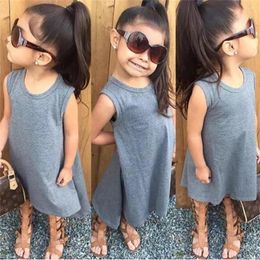 Girl Dresses 2023 Summer Sleeveless Grey Black Girls Children Sundress Baby Clothes Tank Tops Vest Dress 90-120 Cotton