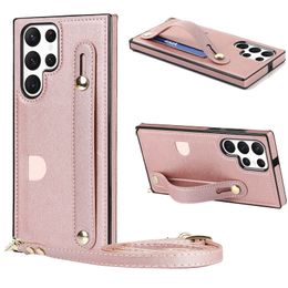 Leather Card Slots Hand Strap Kickstand Wallet Cases For Samsung Galaxy S23 Ultra S22 S21 FE S20 Plus Note 20 Crossbody Stand Phone Cover