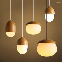 Pendant Lamps Nordic Retro Nut Lustre Lights Creative Ball Wood Glass Hanging Light Restaurant Bar LED Lighting Luminaire Suspendu