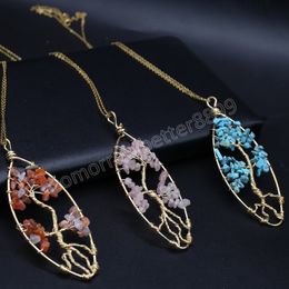 Vintage Natural Stone Pendant Necklace Tree Of Life Gravel Winding Link Chains Crystals Charms Necklaces For Women Jewellery