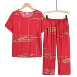 Womens Sleepwear Silk Cotton Home Shirts For Ladies High Quality Fashion Pyjama Style Suit Casual Two Pieces Set Women Large Size 4XL Red Green 230317